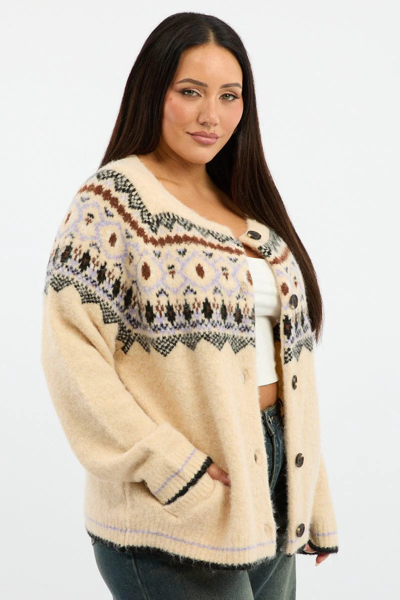Multi Aztec Knit Cardigan Long Sleeve Crew Neck - Image 3