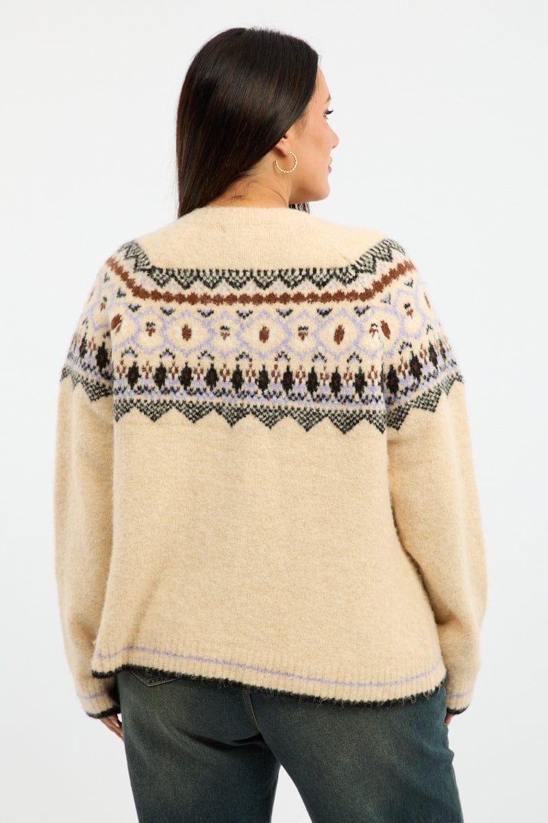 Multi Aztec Knit Cardigan Long Sleeve Crew Neck - Image 4