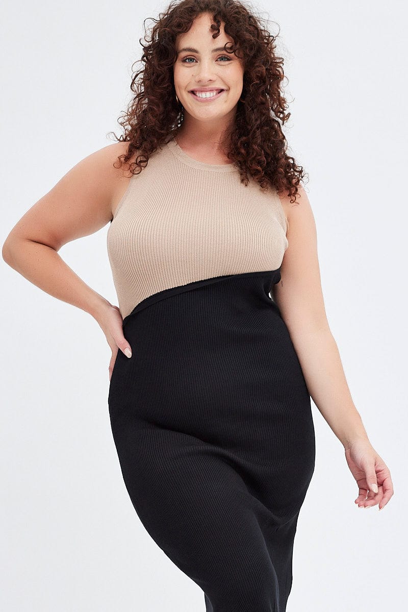 Multi Bodycon Dress Sleeveless Round Neck Spliced Knit - Image 3