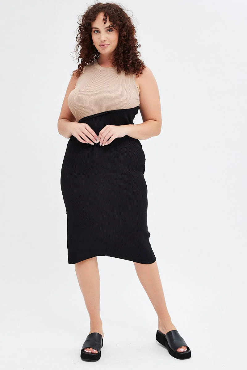 Multi Bodycon Dress Sleeveless Round Neck Spliced Knit - Image 4