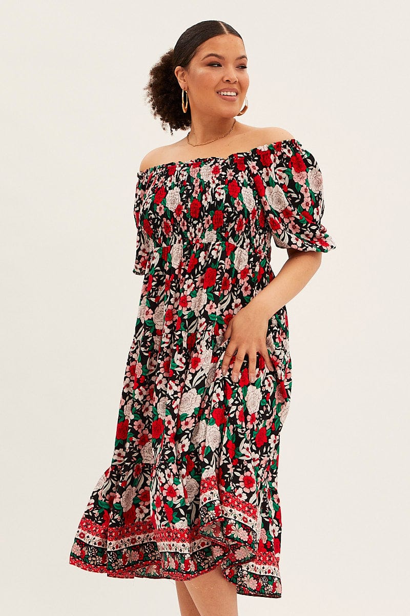 Multi Boho Midi Dress Off Shoulder Tie Back - Image 2
