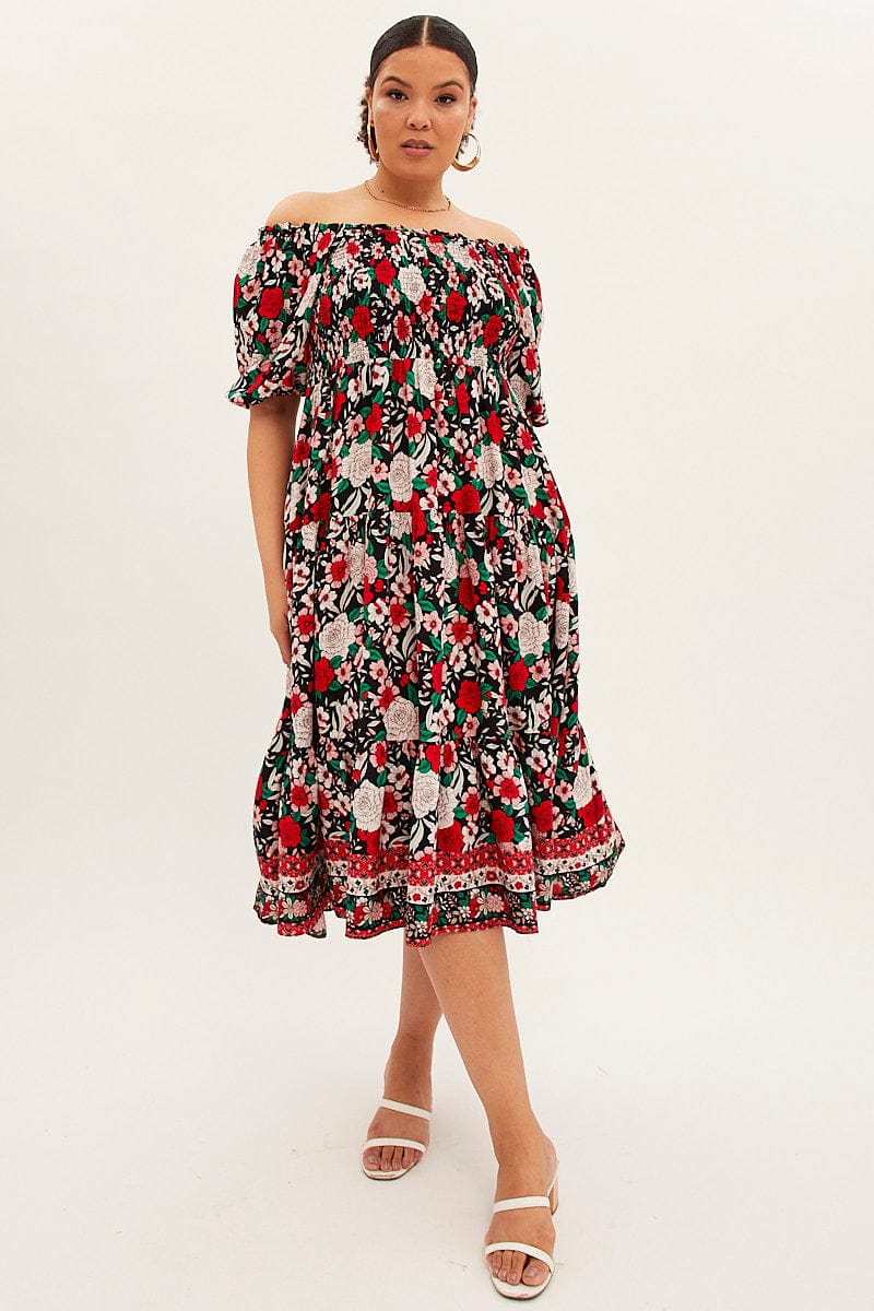 Multi Boho Midi Dress Off Shoulder Tie Back - Image 3