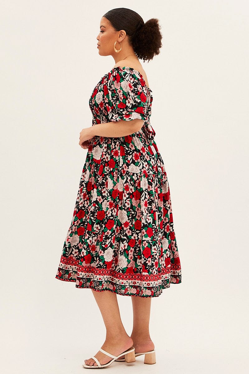 Multi Boho Midi Dress Off Shoulder Tie Back - Image 4