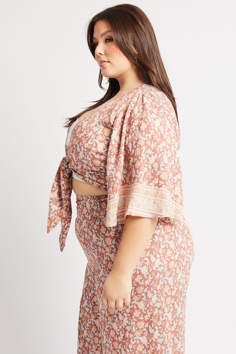 Multi Boho Tie Front Border Print Bolero Top - Image 4