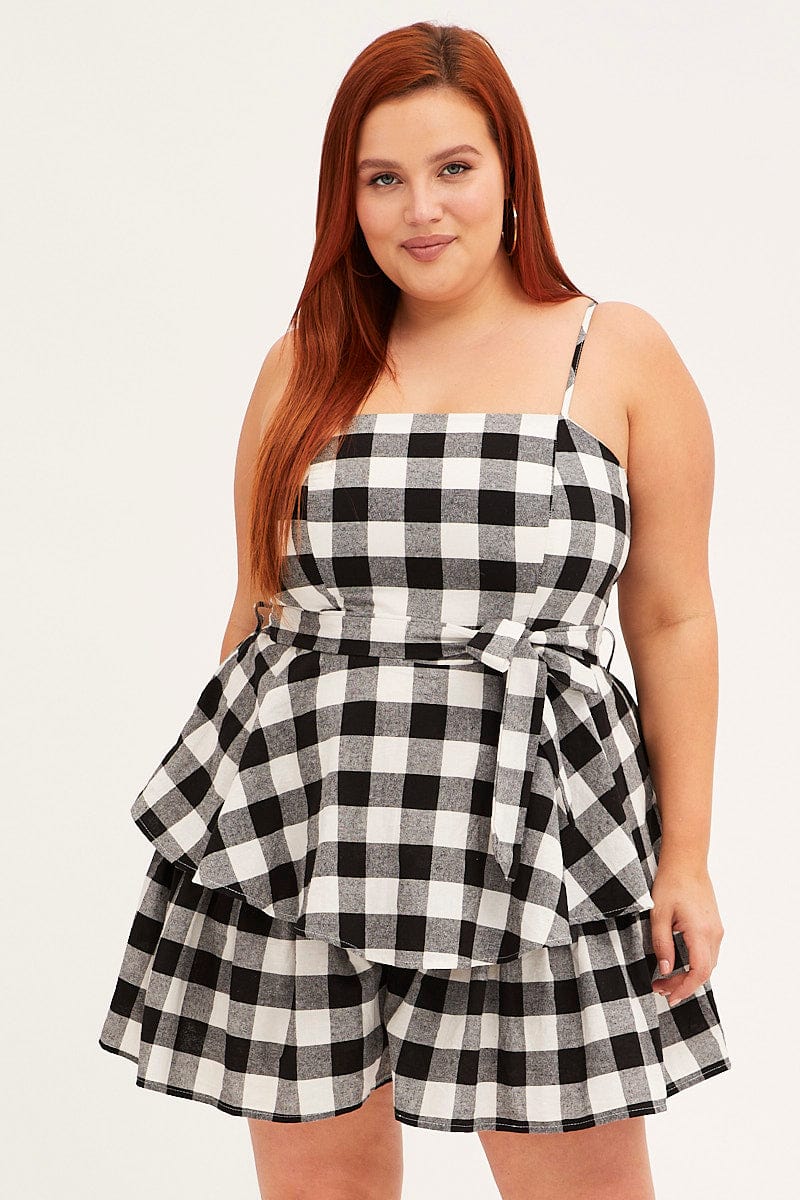 Multi Check Playsuit Sleeveless Tie Waist Gingham Check Cotton - Image 3