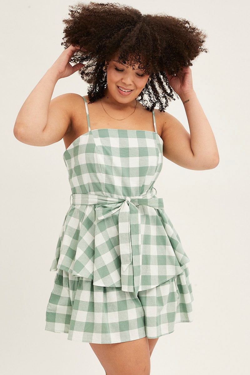 Multi Check Playsuit Sleeveless Tie Waist Gingham Check Cotton
