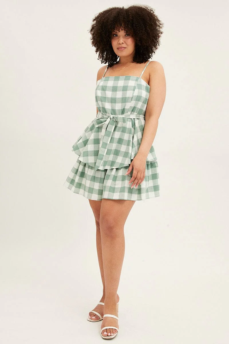 Multi Check Playsuit Sleeveless Tie Waist Gingham Check Cotton - Image 2
