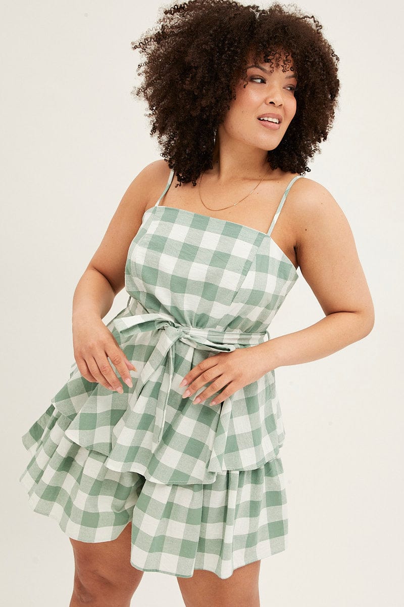 Multi Check Playsuit Sleeveless Tie Waist Gingham Check Cotton - Image 3