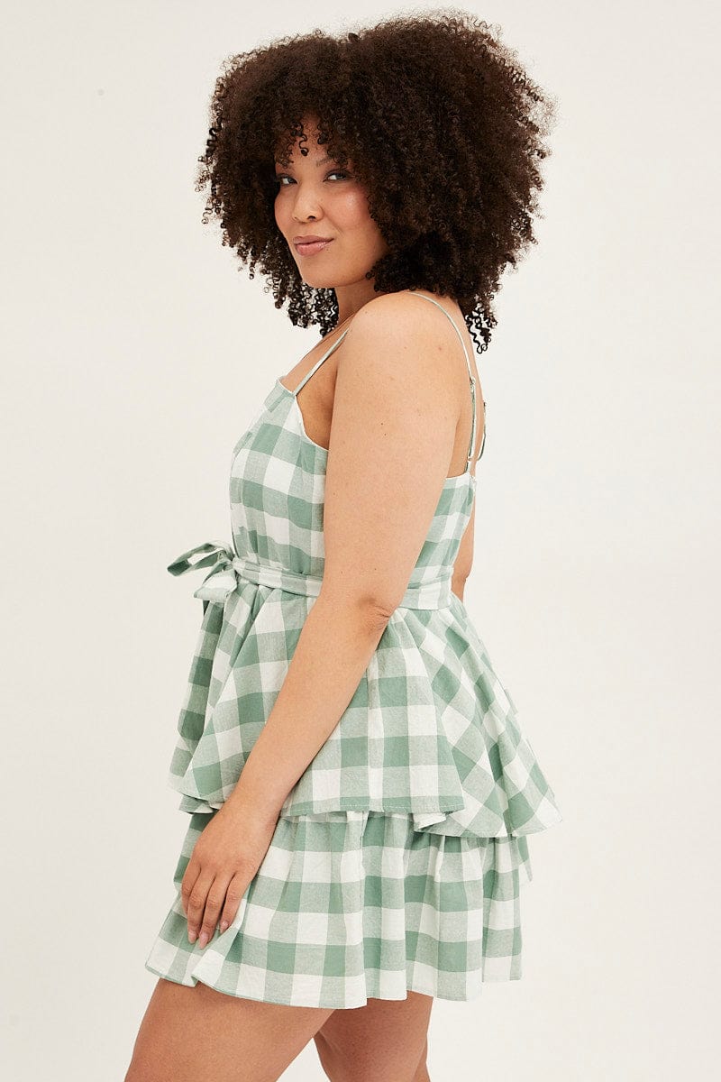 Multi Check Playsuit Sleeveless Tie Waist Gingham Check Cotton - Image 4