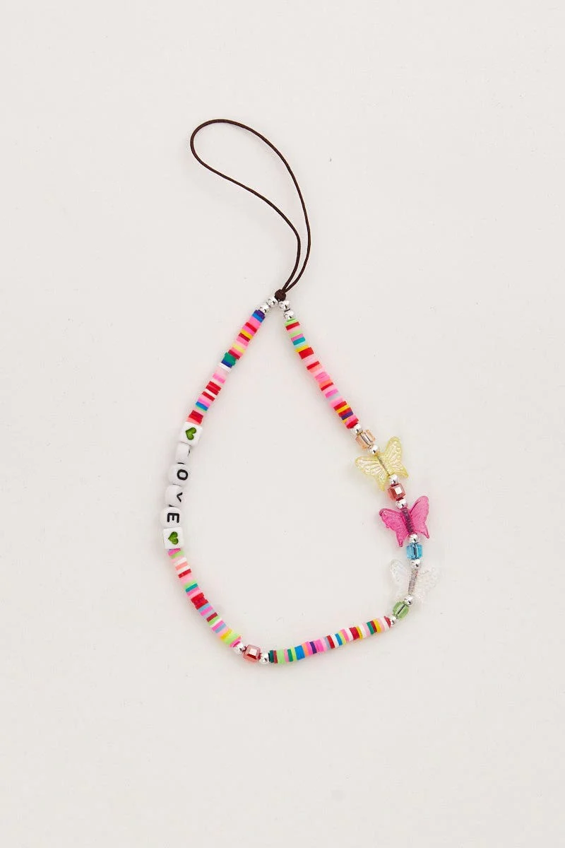 Multi Colour Butterfly And Love Phone Chain
