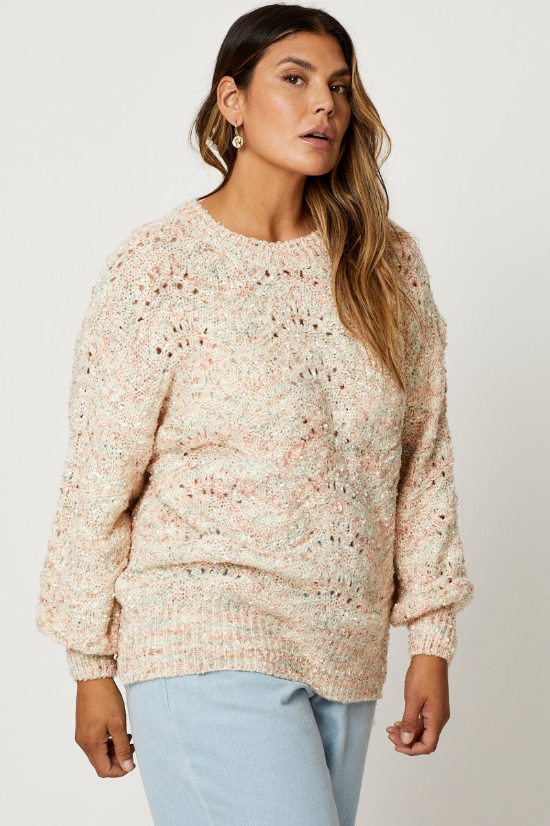 Multi Colour Kint Top Round Neck Long Sleeve Longline - Image 3