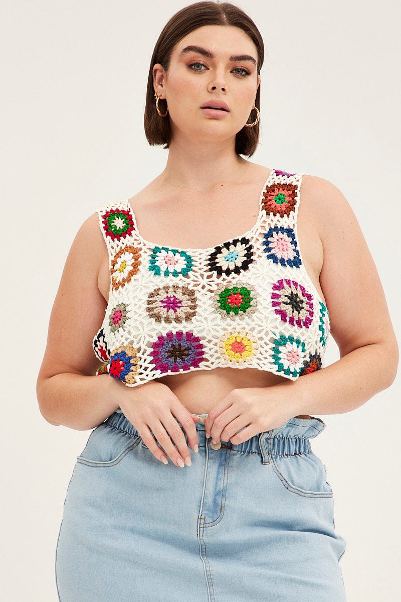 Multi Crochet Top Crop Square Neck