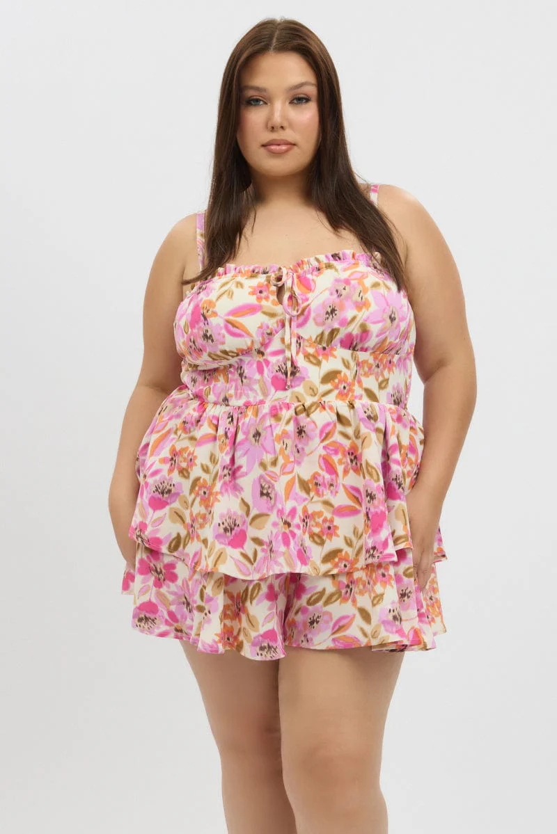 Multi Floral Playsuit Sleeveless Ruched Bust - Image 3