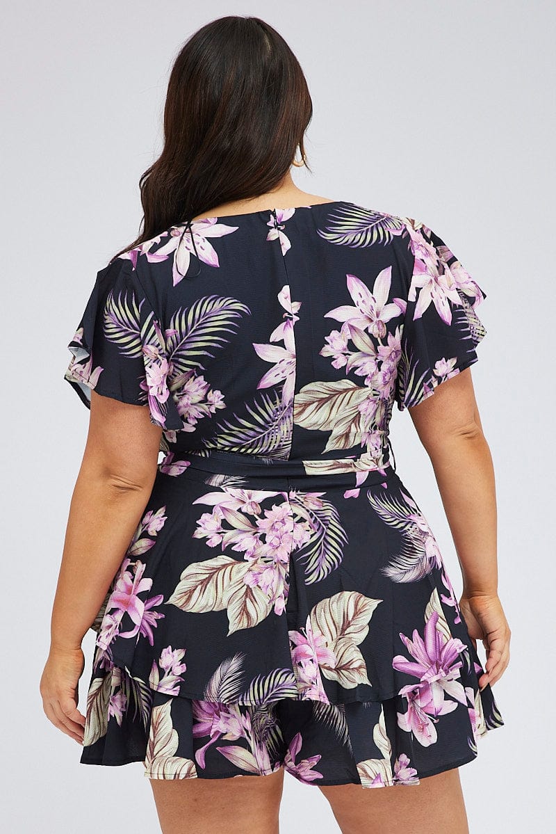 Multi Floral Short Playsuit Flare Sleeve Crepe Tropical - Image 5