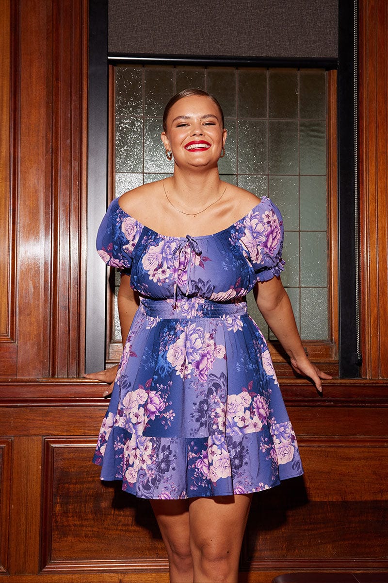 Multi Floral Skater Dress Short Puff Sleeve Crepe Tie Neck