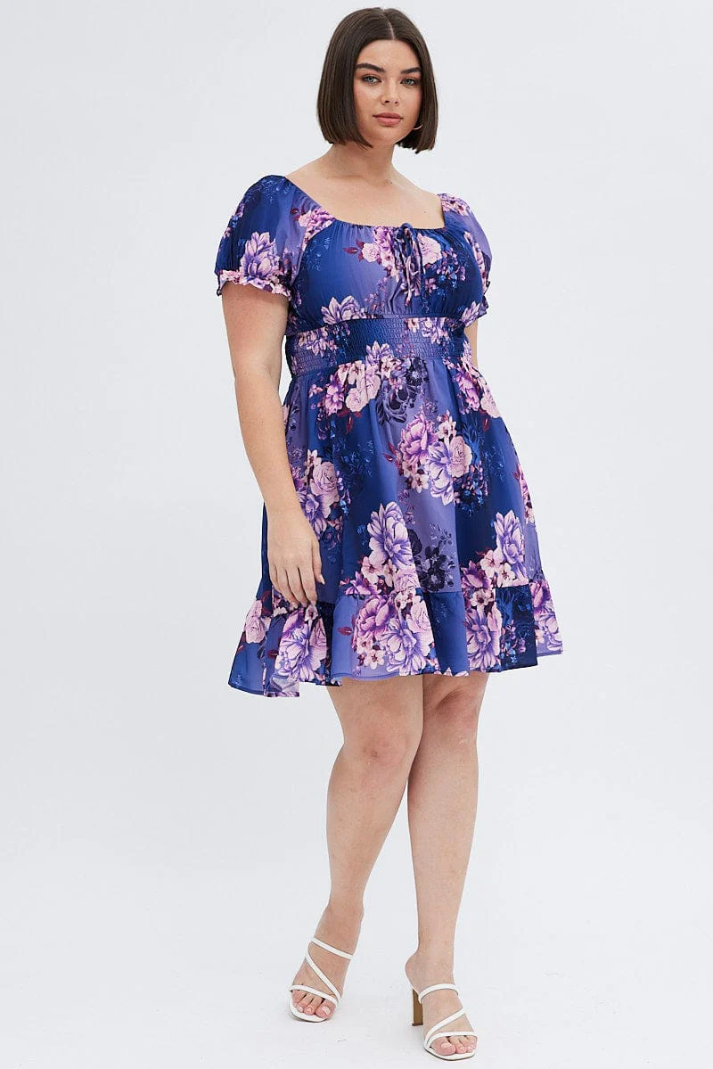 Multi Floral Skater Dress Short Puff Sleeve Crepe Tie Neck - Image 3