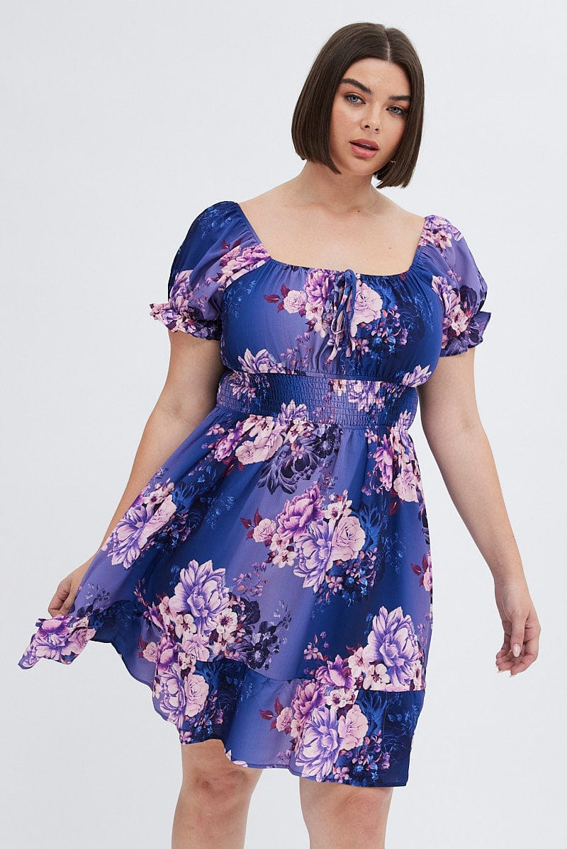 Multi Floral Skater Dress Short Puff Sleeve Crepe Tie Neck - Image 4