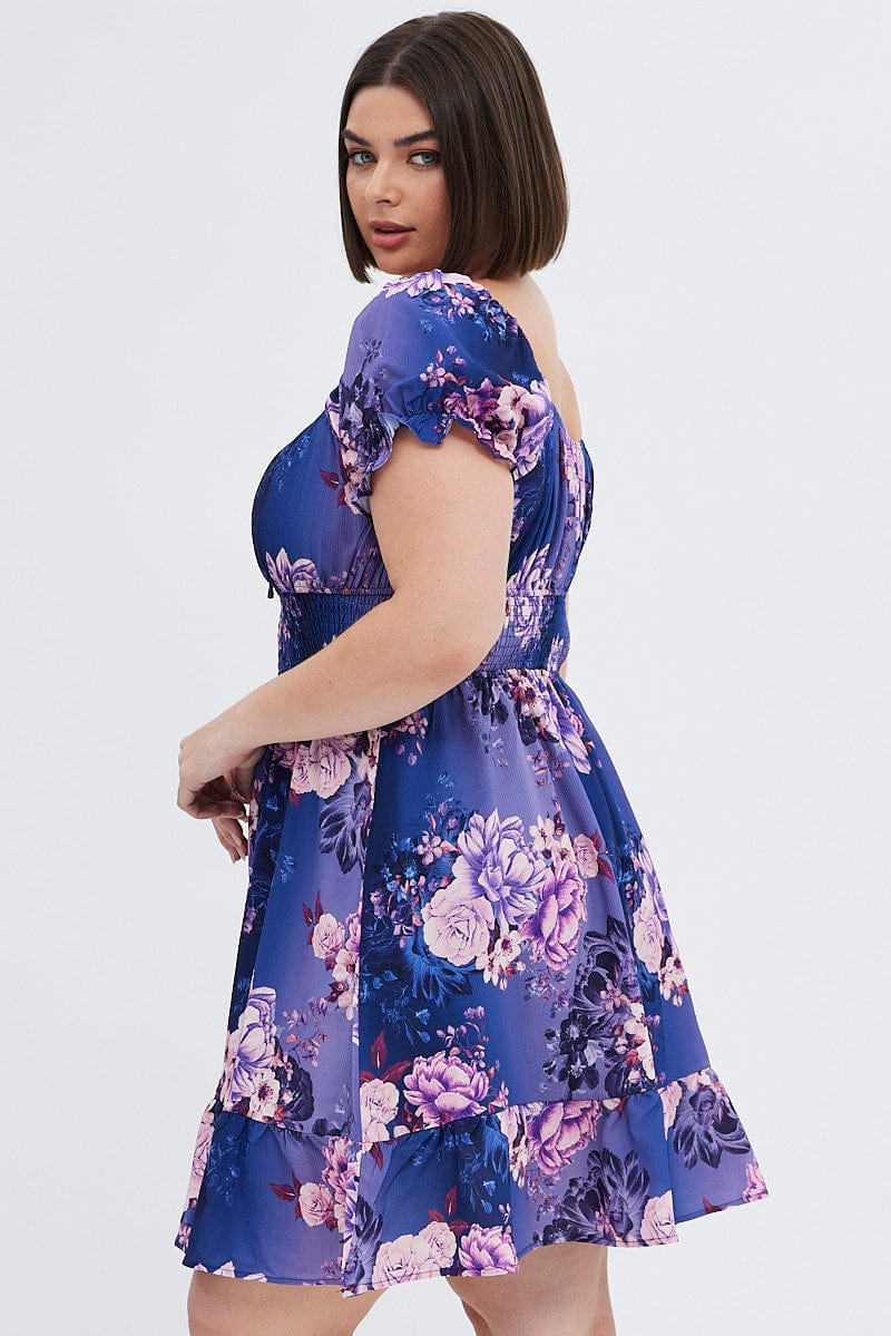 Multi Floral Skater Dress Short Puff Sleeve Crepe Tie Neck - Image 5