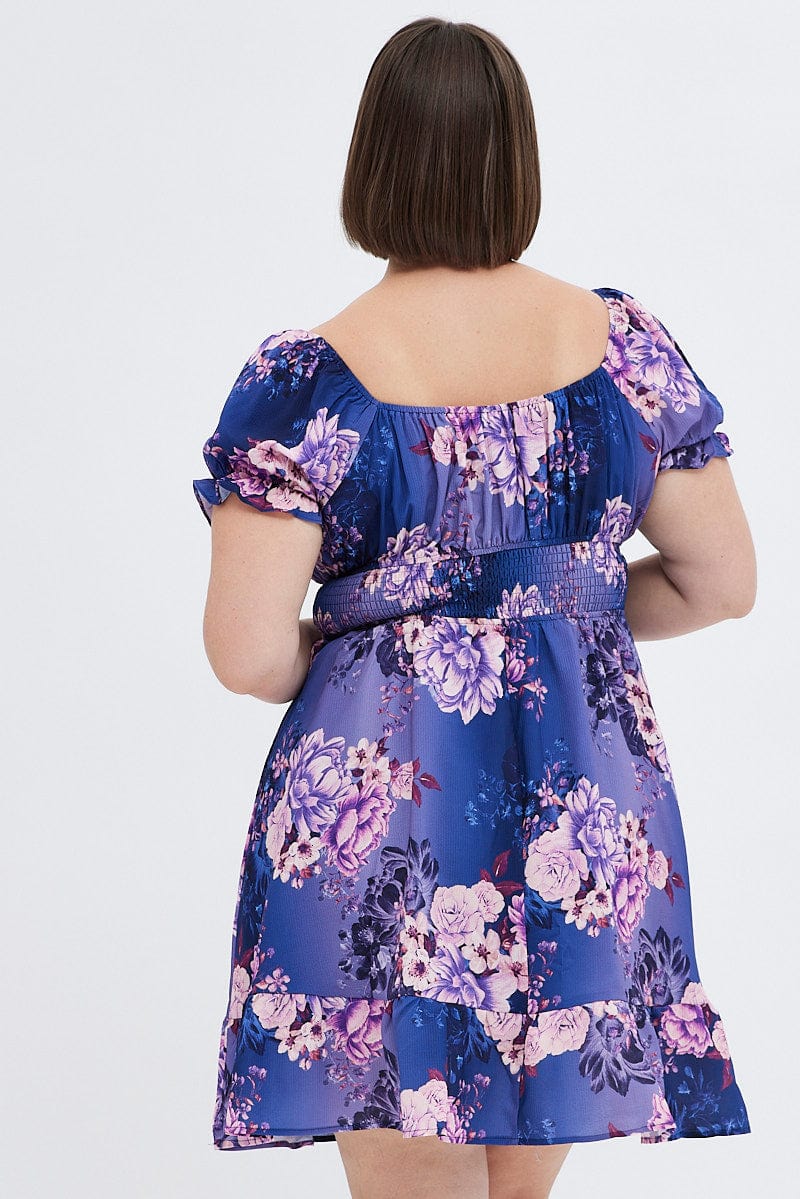 Multi Floral Skater Dress Short Puff Sleeve Crepe Tie Neck - Image 6