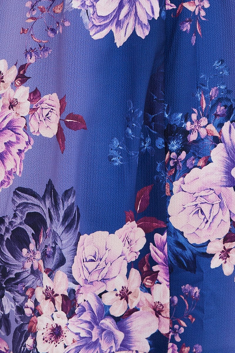 Multi Floral Skater Dress Short Puff Sleeve Crepe Tie Neck - Image 7