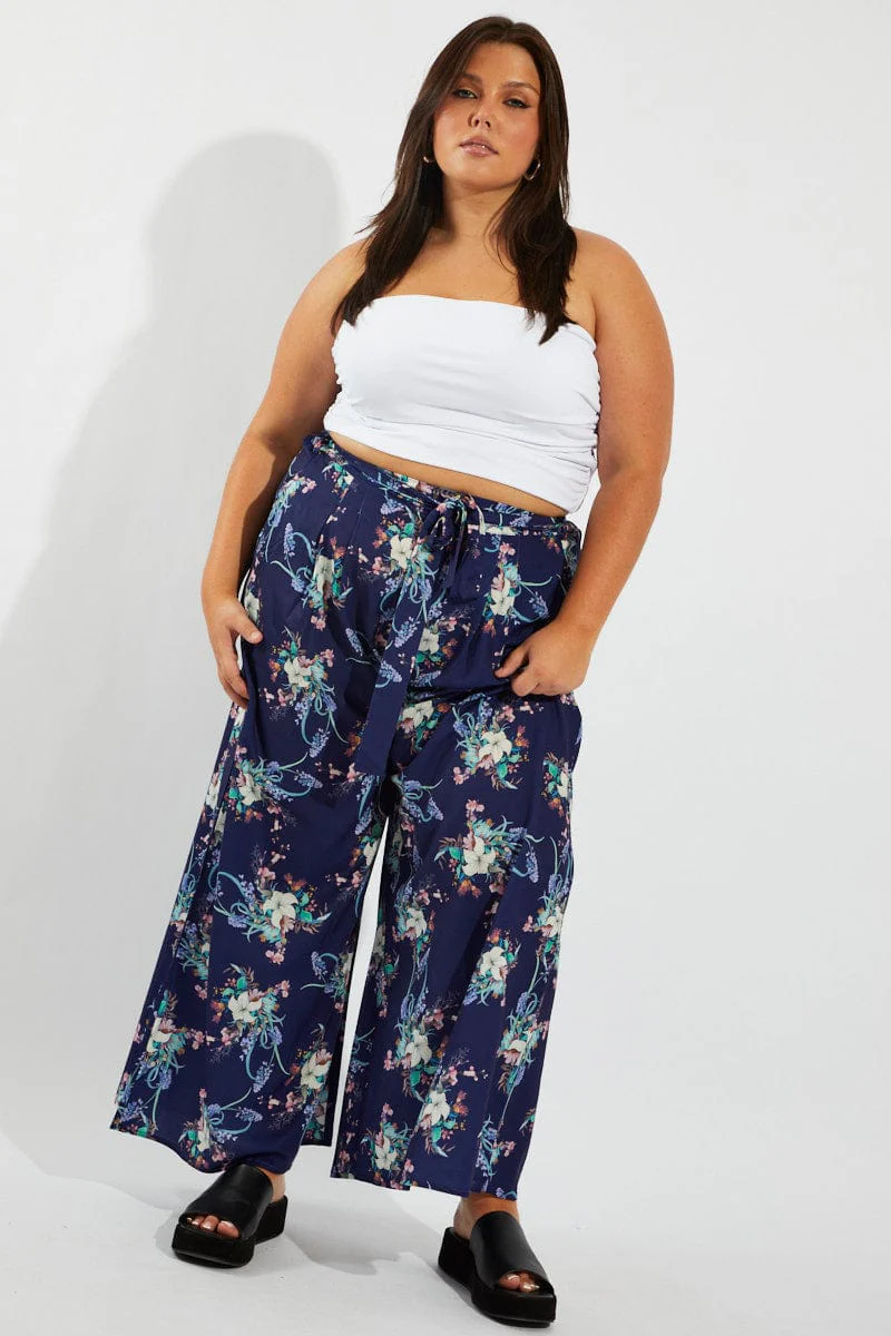 Multi Floral Wide Leg Pants Belted - Image 3