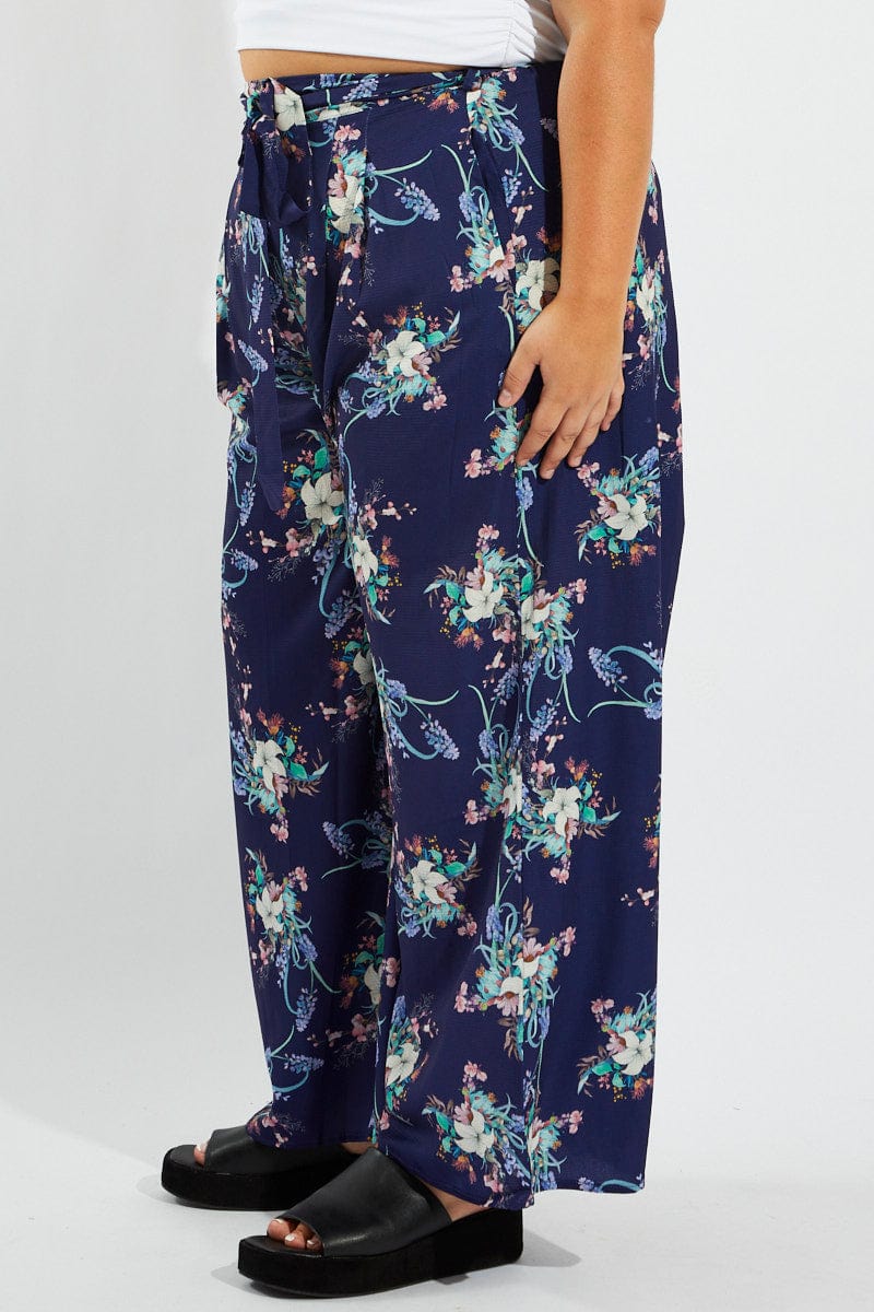 Multi Floral Wide Leg Pants Belted - Image 4