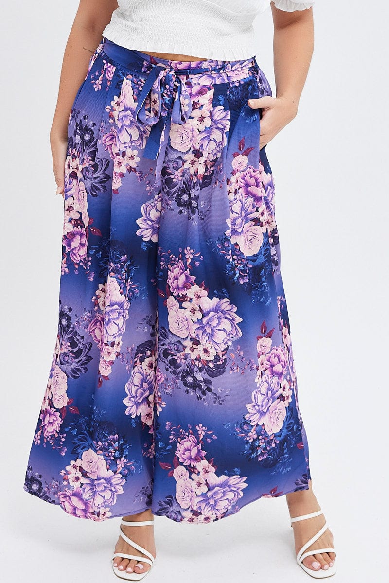 Multi Floral Wide Leg Pants High Rise Belted - Image 2