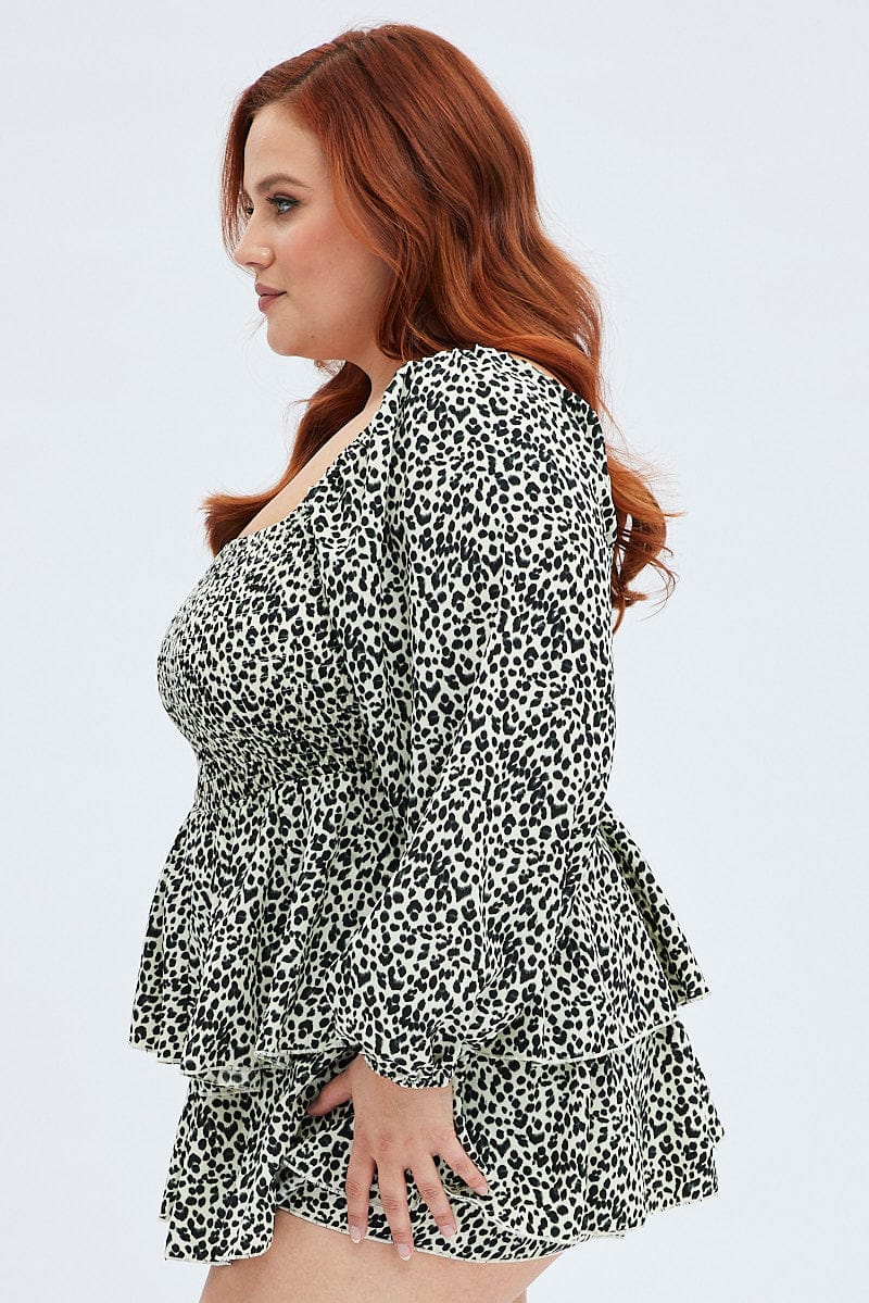 Multi Geo Frill Playsuit Puff Sleeve Shirred Bodice - Image 4
