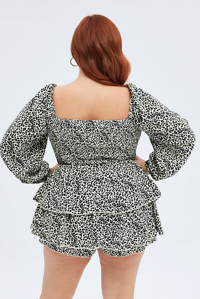 Multi Geo Frill Playsuit Puff Sleeve Shirred Bodice - Image 5