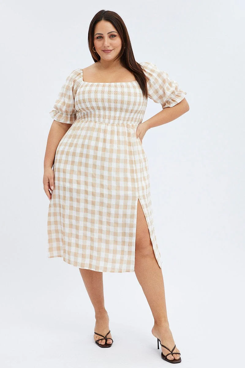 Nude Check Midi Dress Split Front Large Gingham Check
