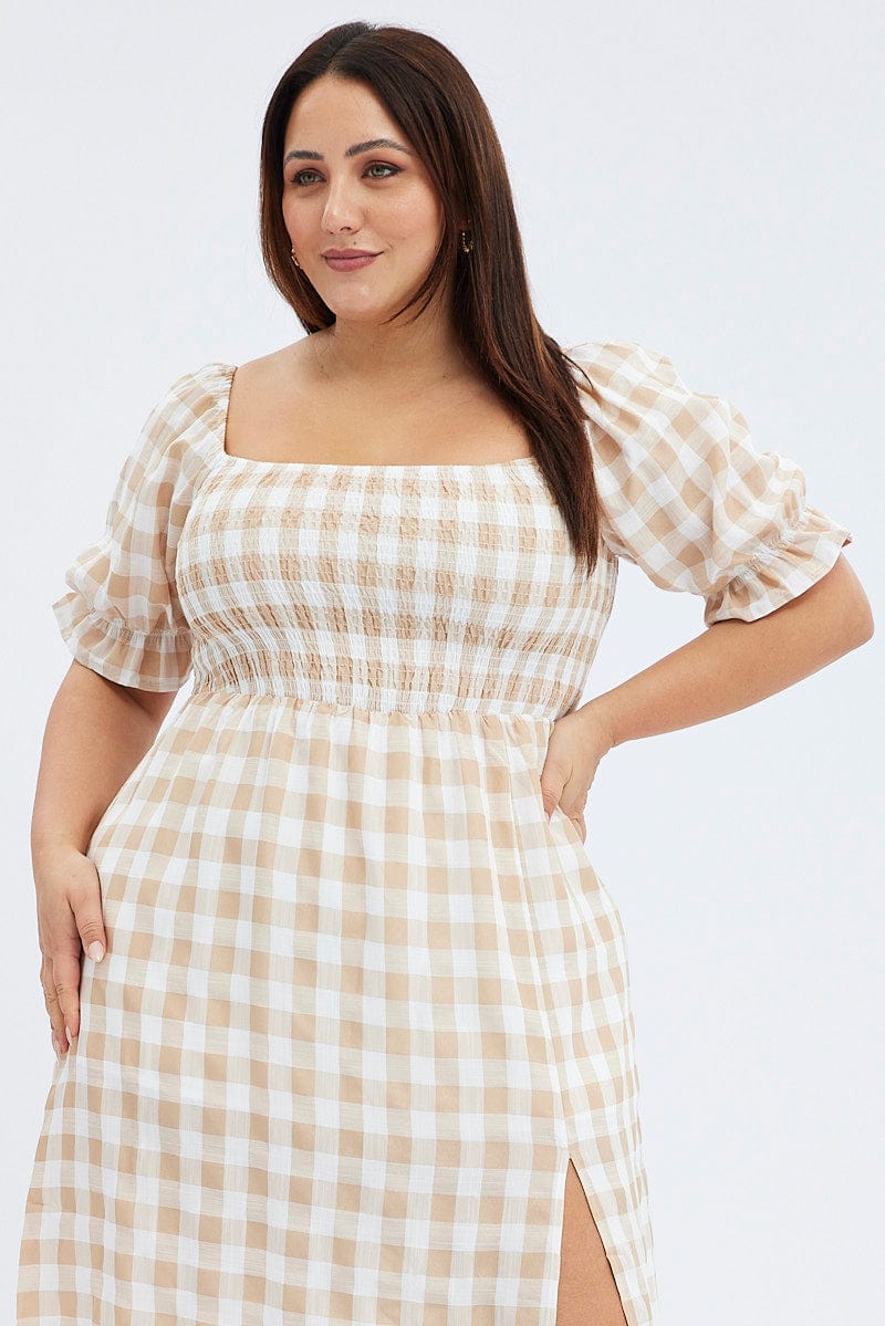 Nude Check Midi Dress Split Front Large Gingham Check - Image 2