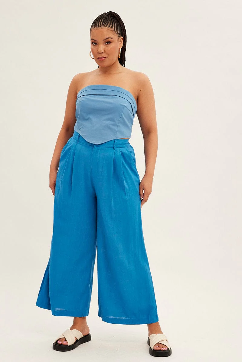 Blue Wide Leg Pants High Rise Linen Blend - Image 2