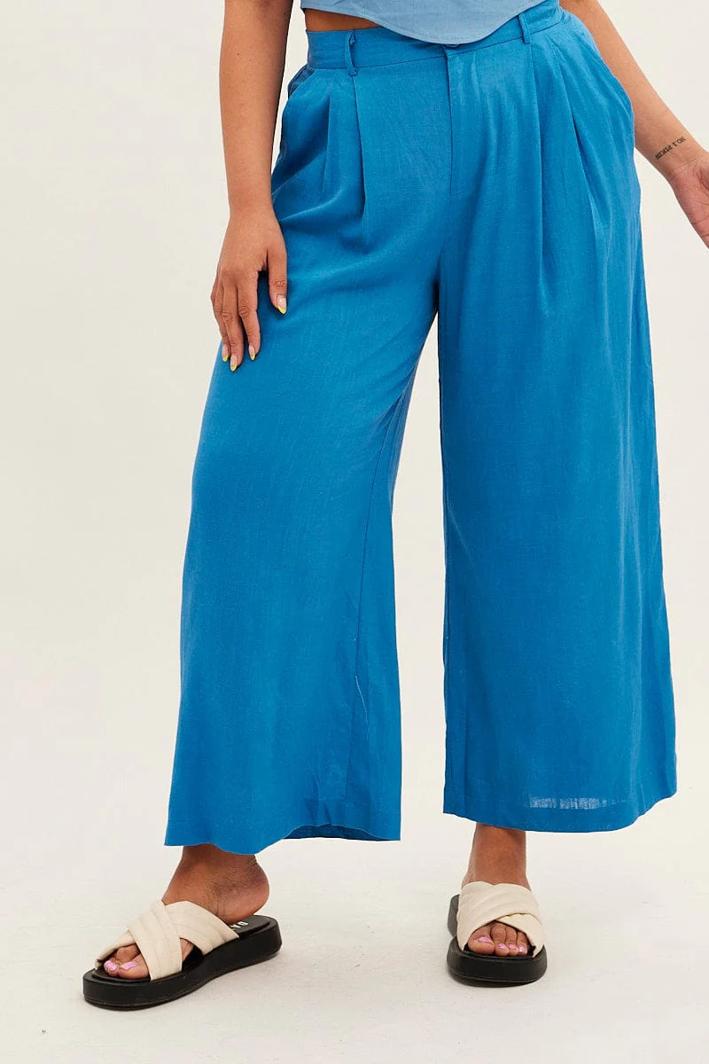 Blue Wide Leg Pants High Rise Linen Blend - Image 3