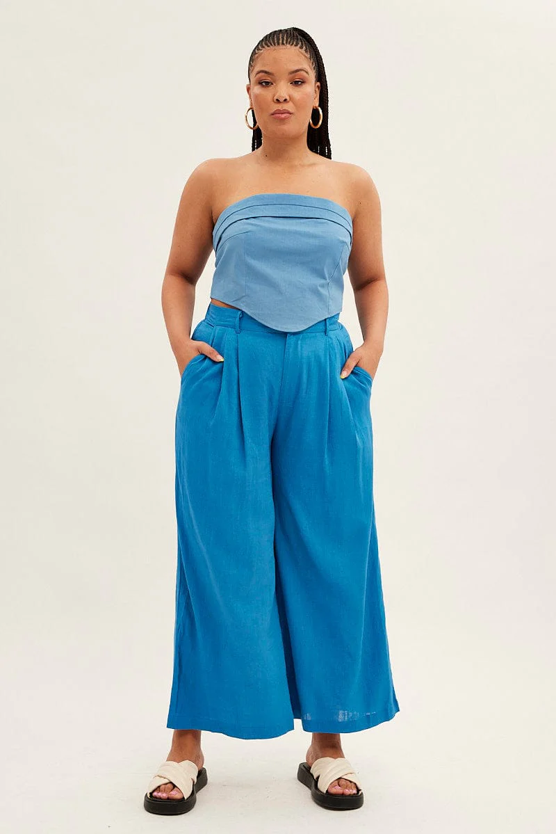 Blue Wide Leg Pants High Rise Linen Blend - Image 4
