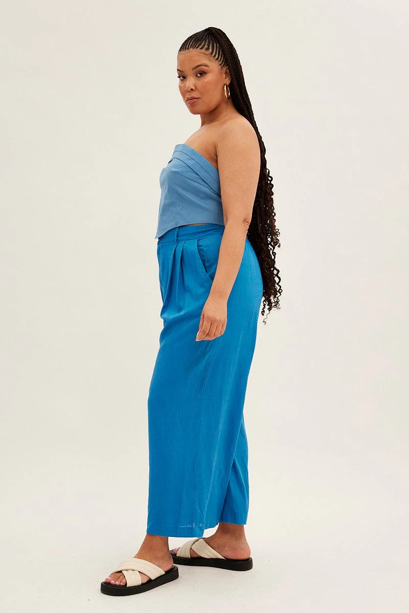 Blue Wide Leg Pants High Rise Linen Blend - Image 5