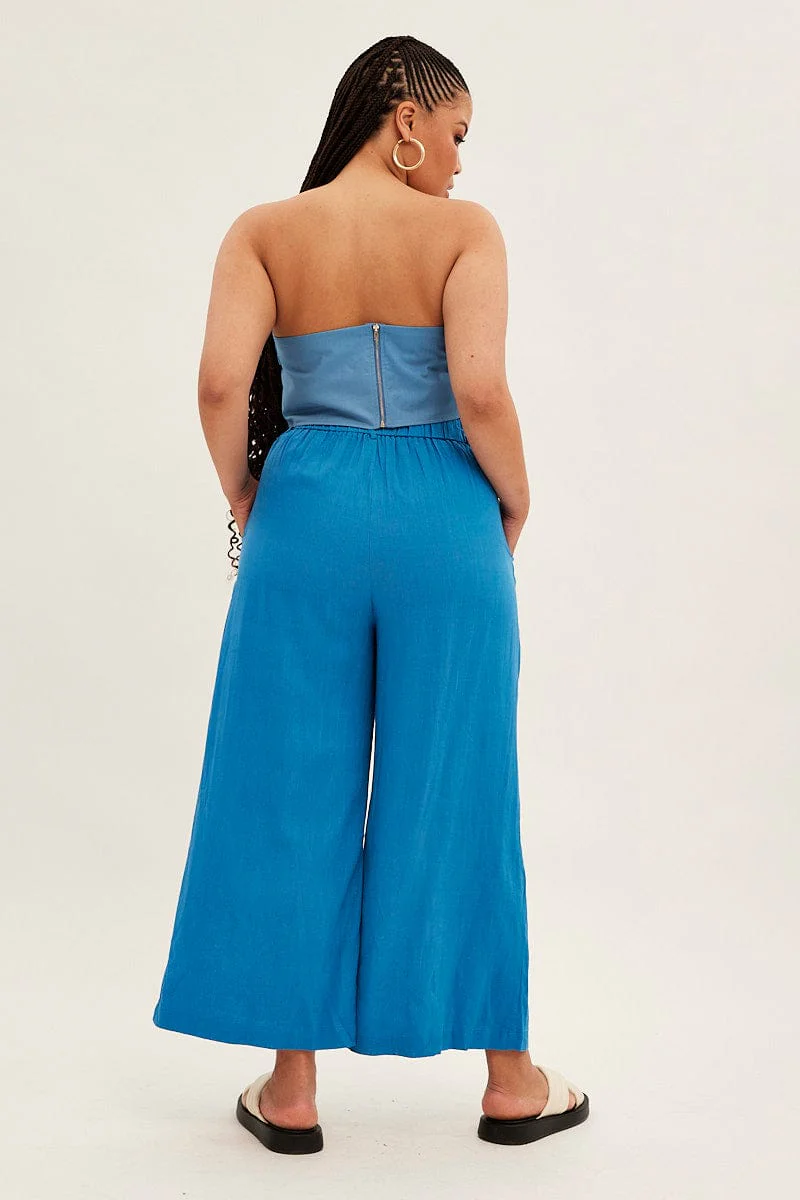 Blue Wide Leg Pants High Rise Linen Blend - Image 6