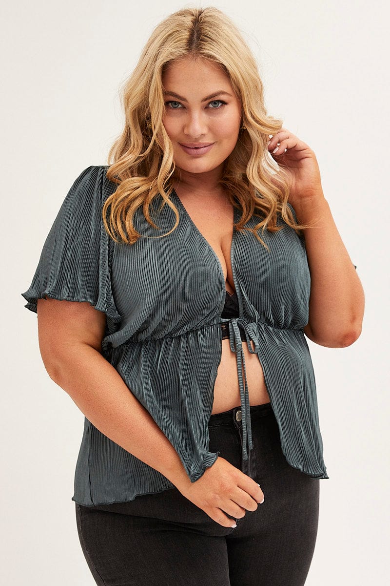 Khaki Short Sleeve Plisse Tie Front Top - Image 3