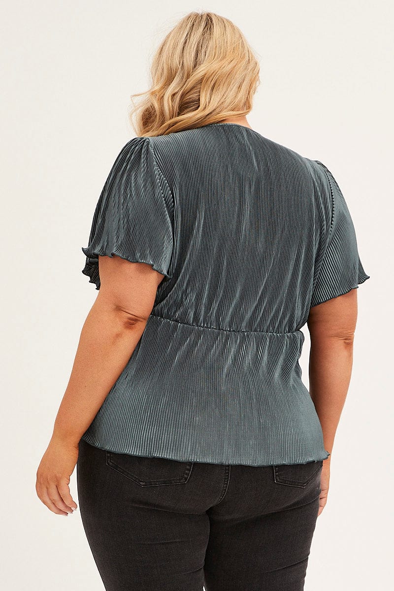 Khaki Short Sleeve Plisse Tie Front Top - Image 5
