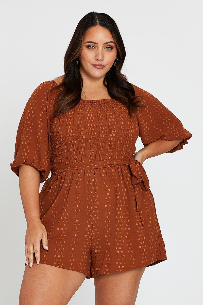 Orange 3/4 Sleeve Shirred Bodice Playsuit