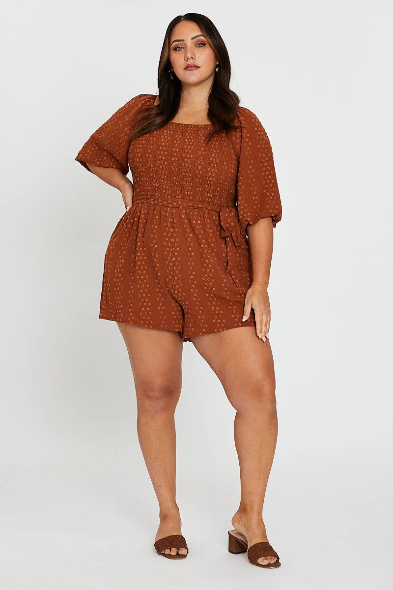 Orange 3/4 Sleeve Shirred Bodice Playsuit - Image 2