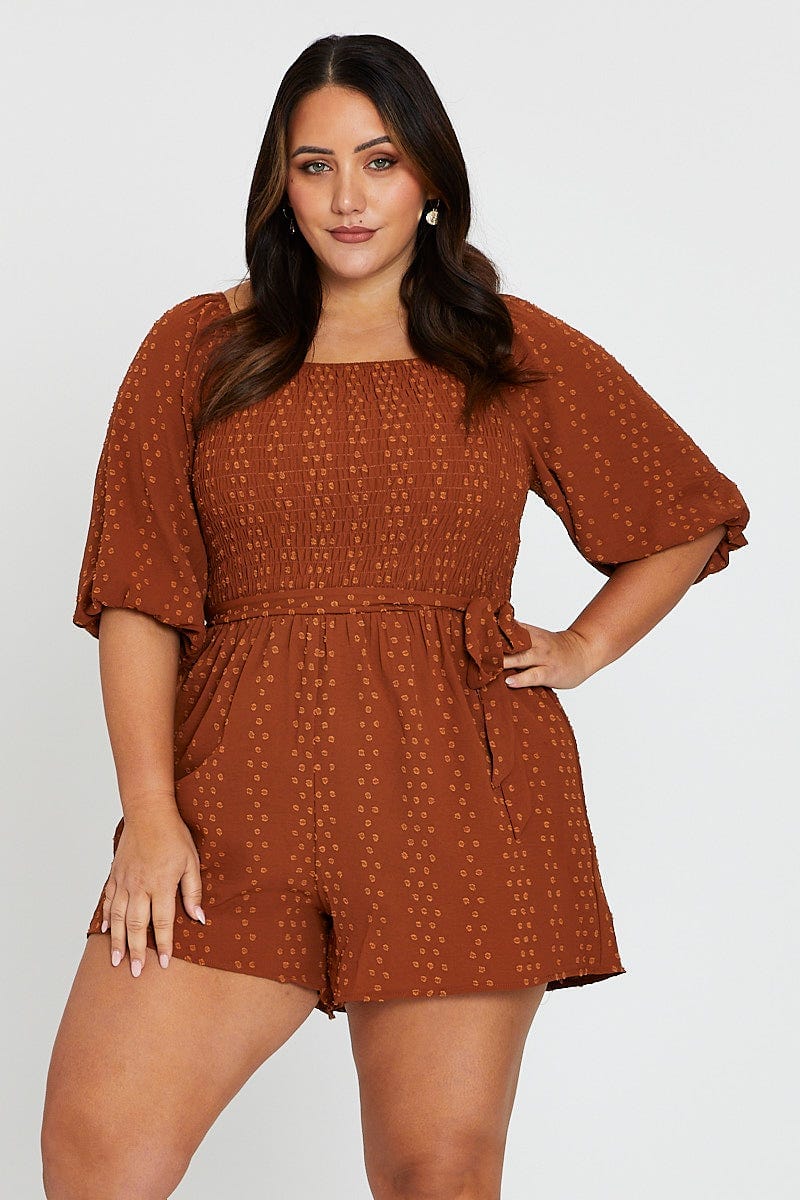 Orange 3/4 Sleeve Shirred Bodice Playsuit - Image 3