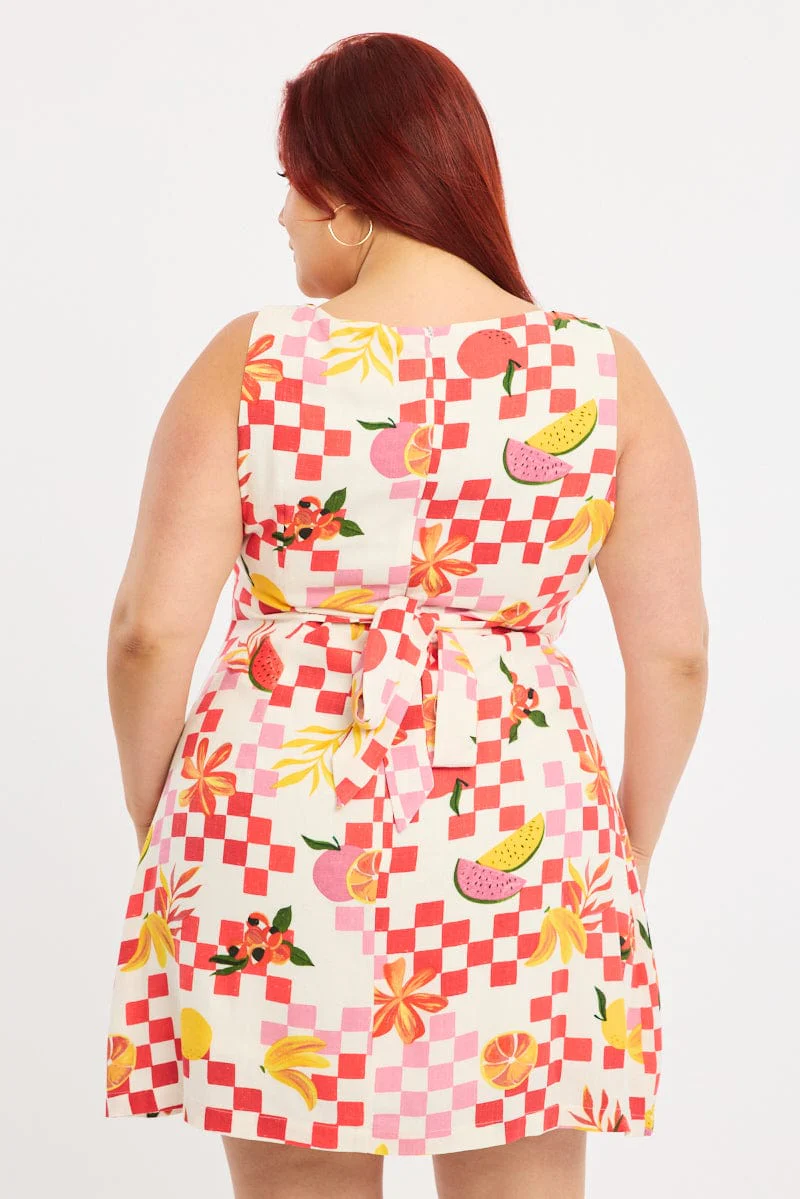 Orange Abstract Mini Dress Sleeveless Linen Blend - Image 4
