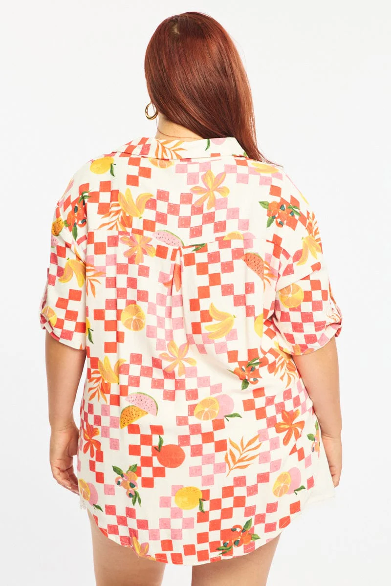 Orange Abstract Relaxed Shirt Short Sleeve Linen Blend - Image 5