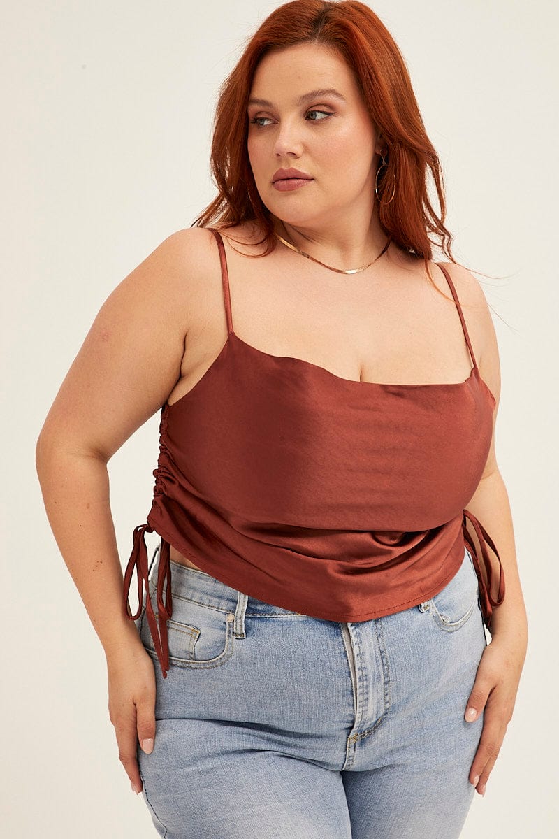 Orange Cowl Neck Top Sleeveless Side Ruched Satin - Image 3