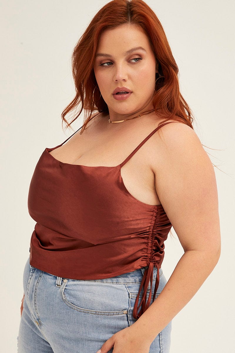Orange Cowl Neck Top Sleeveless Side Ruched Satin - Image 4
