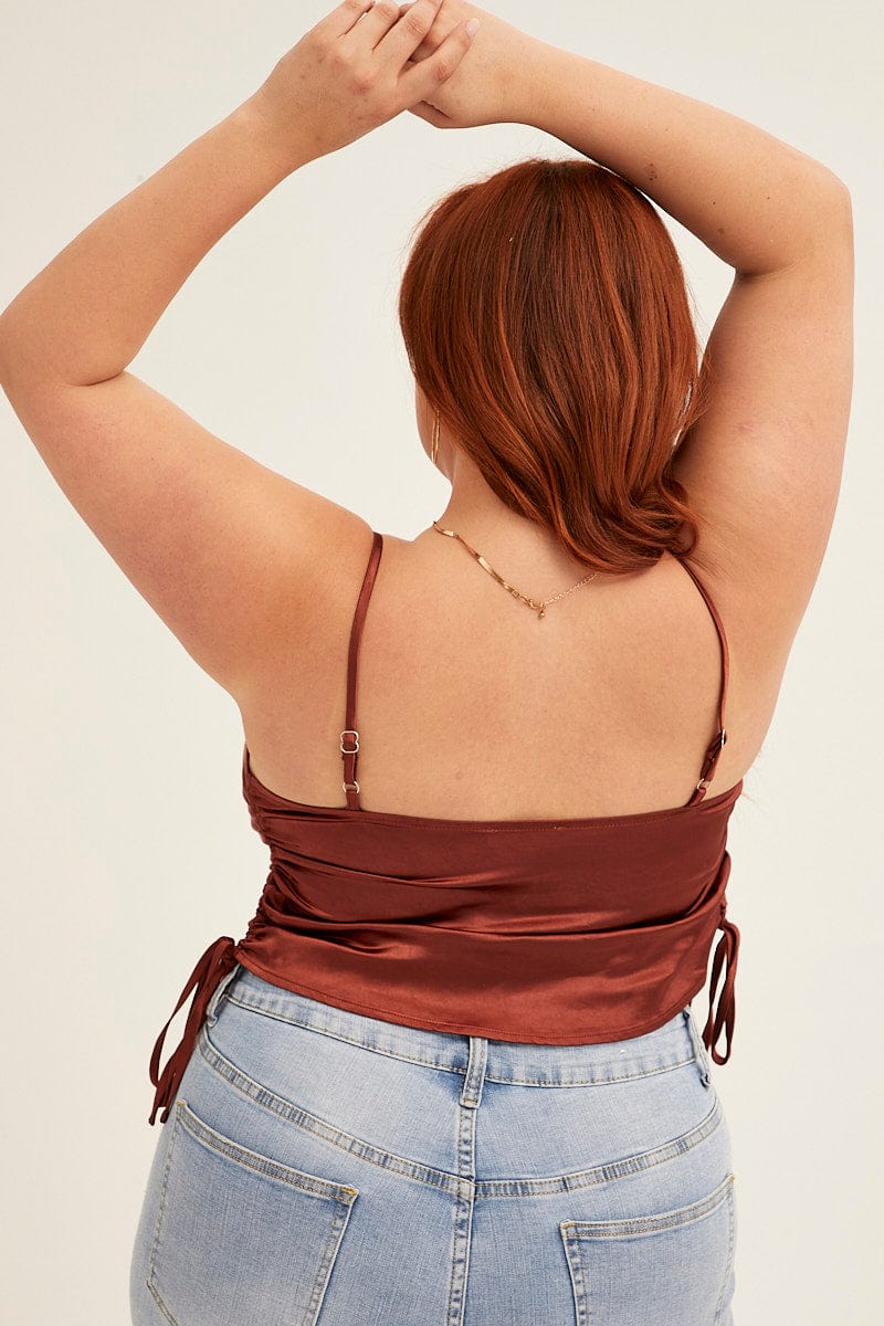 Orange Cowl Neck Top Sleeveless Side Ruched Satin - Image 5