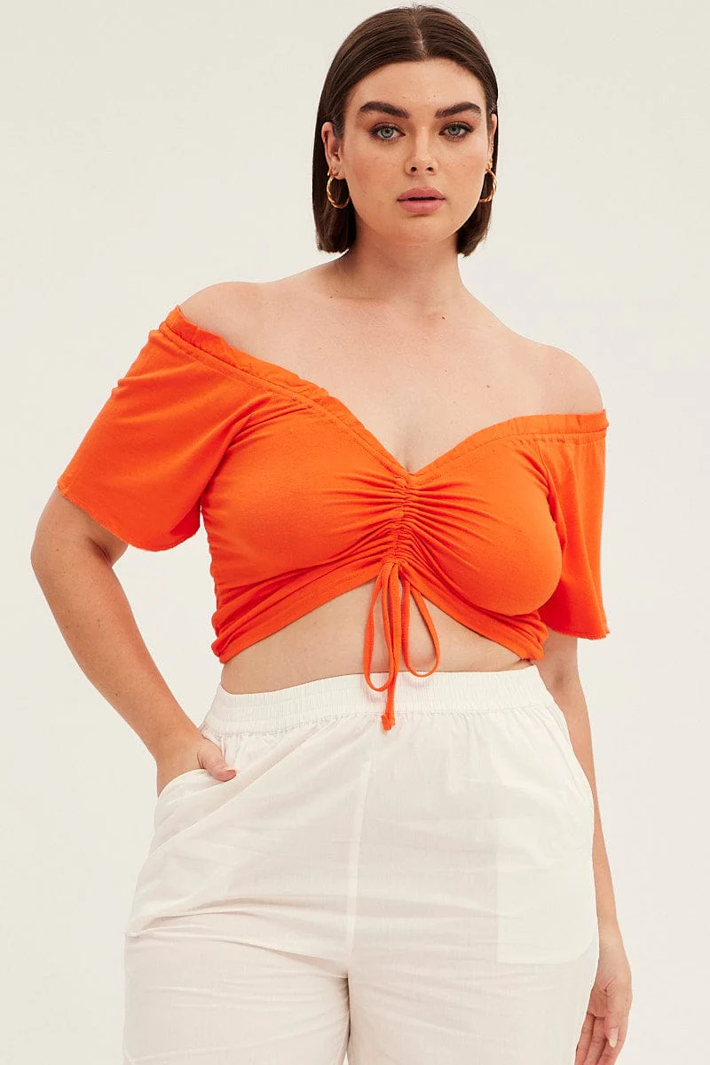Orange Crop Top Short Sleeve Frill Edge Drawstring