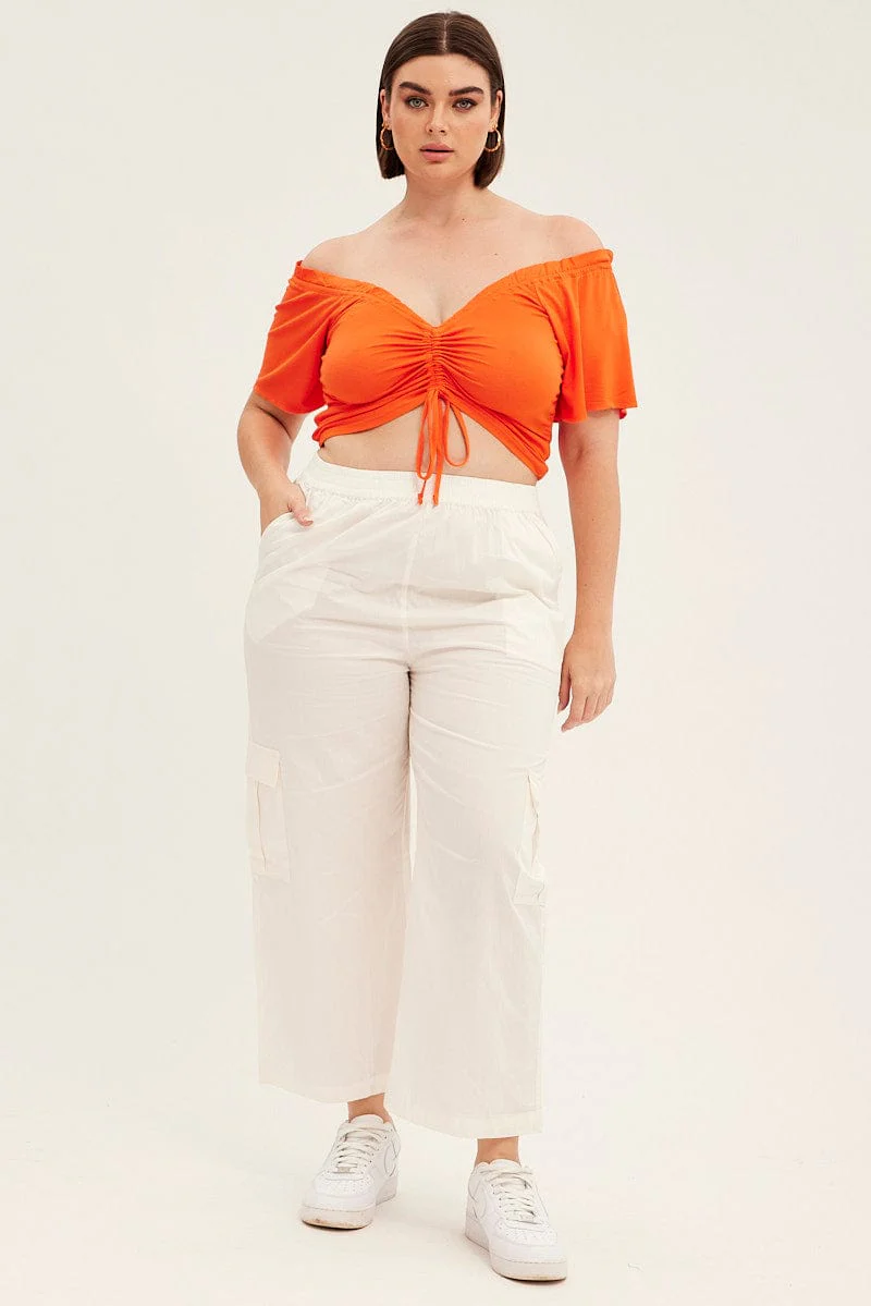 Orange Crop Top Short Sleeve Frill Edge Drawstring - Image 2