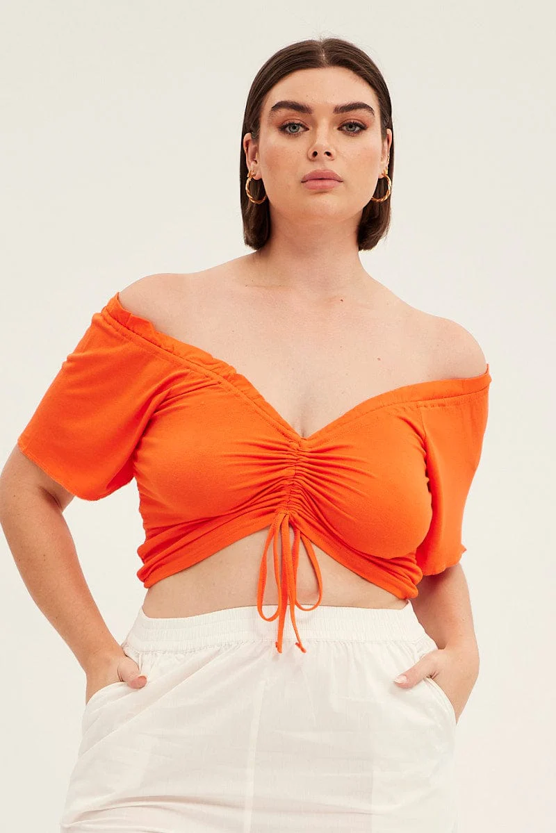 Orange Crop Top Short Sleeve Frill Edge Drawstring - Image 3