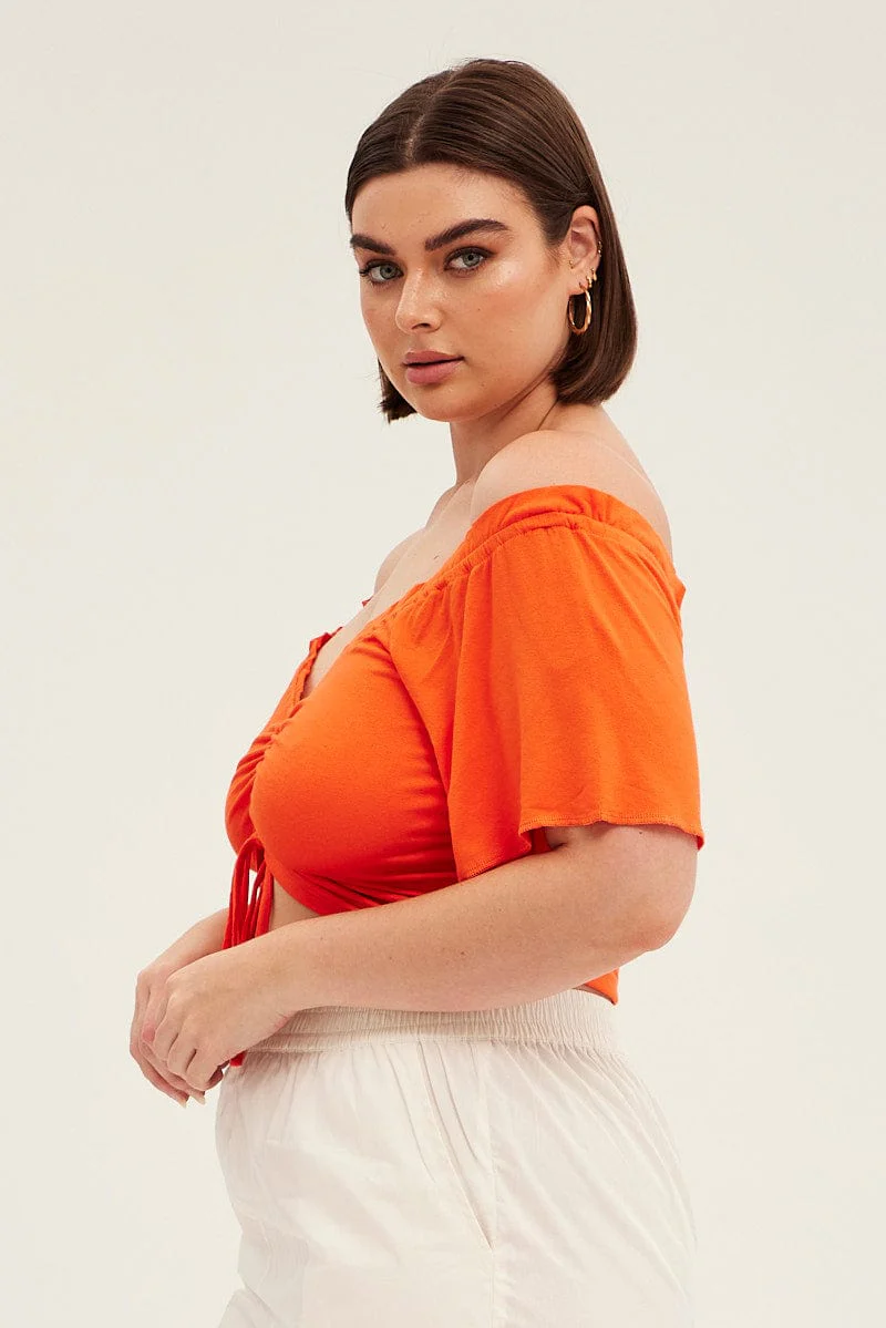 Orange Crop Top Short Sleeve Frill Edge Drawstring - Image 4